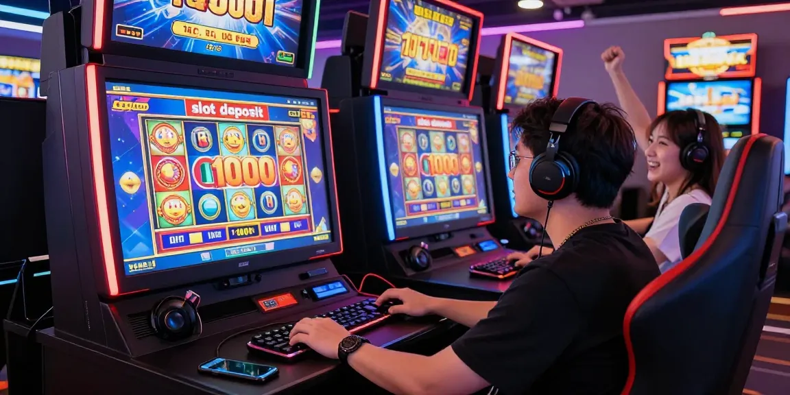 Exciting gaming scene featuring slot deposit 1000 on a vibrant screen with friends celebrating in the background.