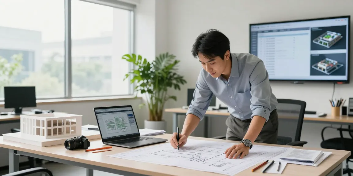 Structural engineer Missouri reviewing blueprints and designs in a bright office