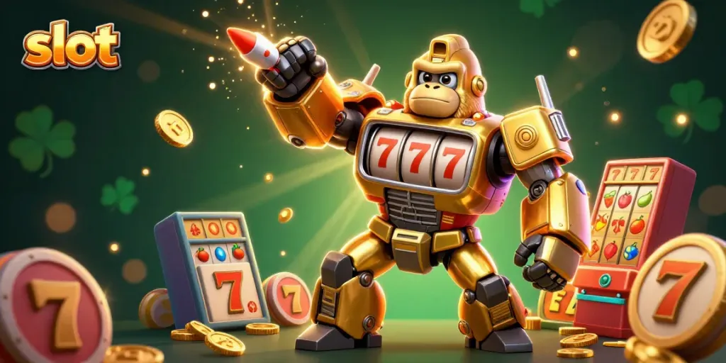 Menangkan jackpot slot di BMWSLOT88 dengan ilustrasi menarik dari gorila emas dan simbol keberuntungan.