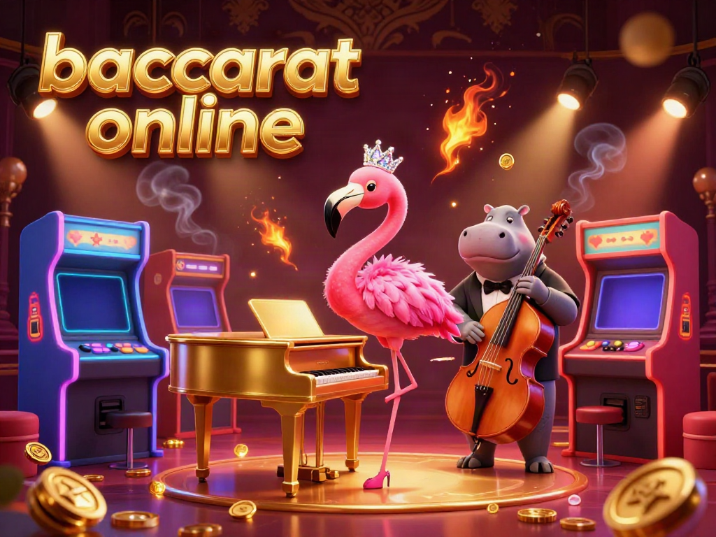 Engage with baccarat online in a lively casino scene featuring a flamingo singer and hippo bassist.