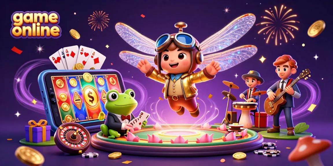 Play game online with a lively dragonfly pilot, frog croupier, and musicians in a vibrant casino scene.