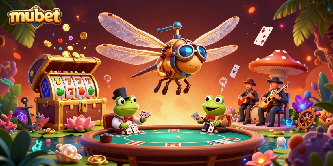 Experience the vibrant world of mubet as a dragonfly pilot interacts with a vibrant lily pad casino and lively characters.