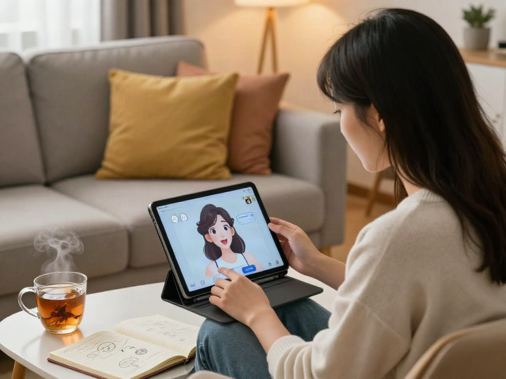 Engaging in ai sex chat with an animated AI character in a cozy modern living room.