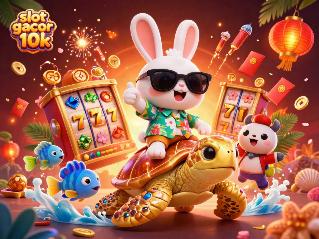 Win big with slot gacor 10k in this vibrant casino-themed illustration featuring interactive characters.
