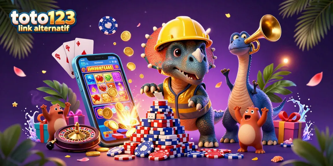 Win big with toto123 link alternatif in this vibrant casino-themed illustration showcasing exciting gaming elements.