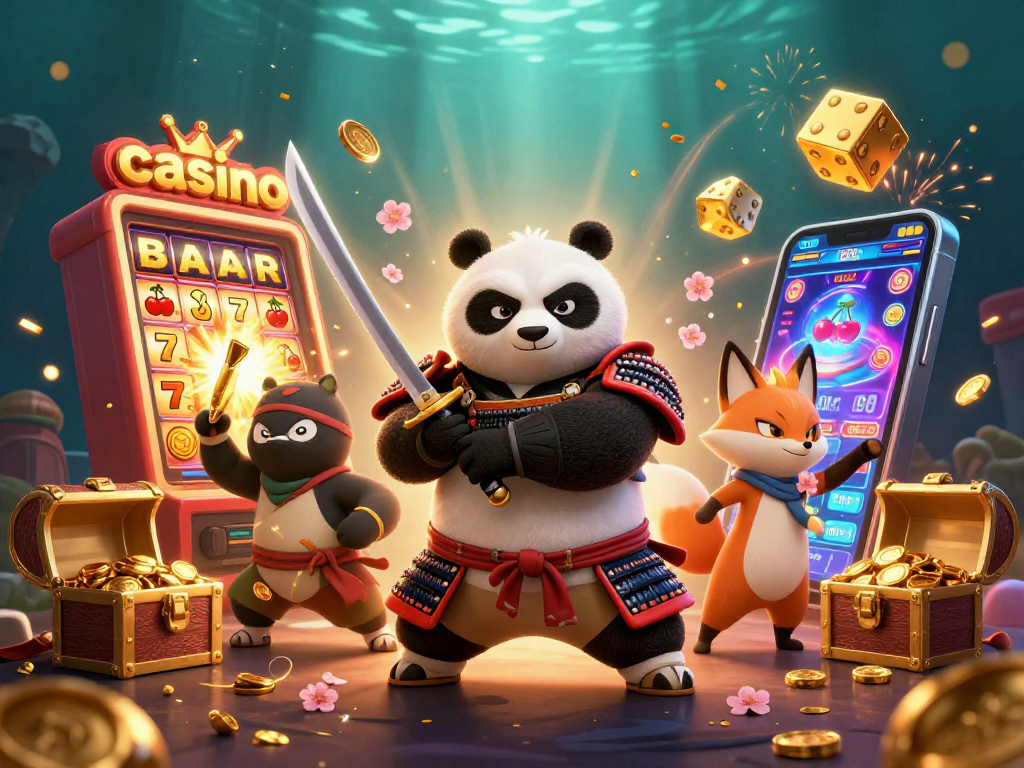 Engaging casino scene featuring samurai panda, ninja fox, and magic tanuki amidst exciting slot machine action.