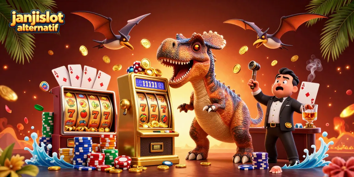 Engage with janjislot alternatif as a dinosaur headbutts a slot machine for a jackpot
