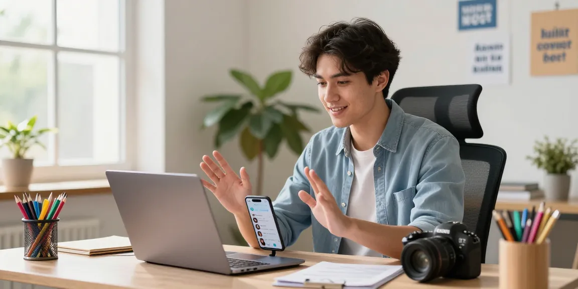 Engaged user on a video call with 纸飞机中文版 app in a stylish home office.