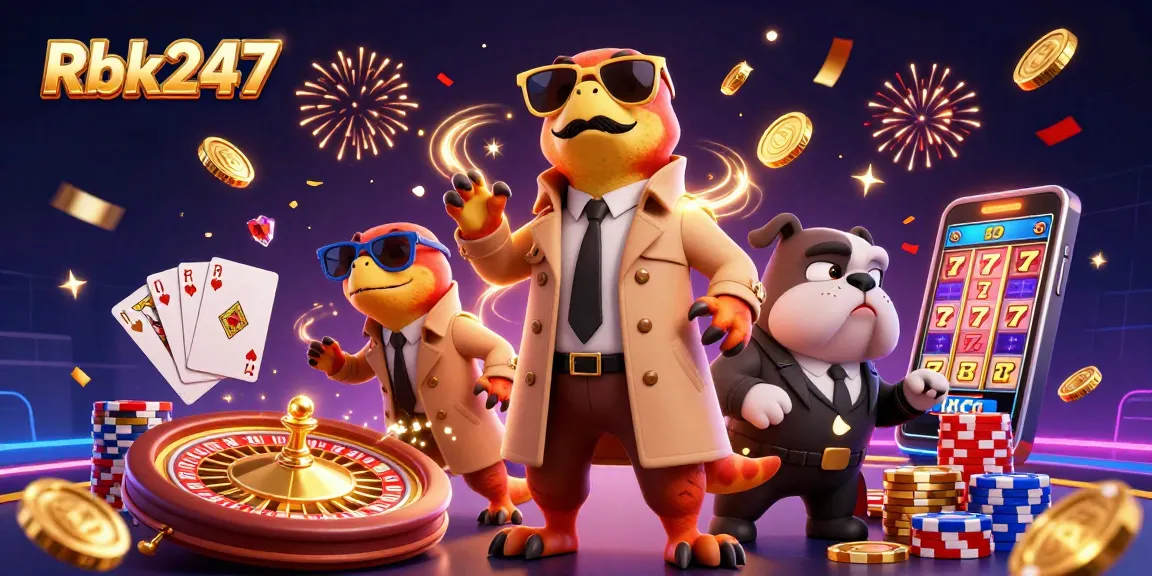 Experience Rbk247's exciting VIP casino entry with playful raptors and a suspicious bulldog.