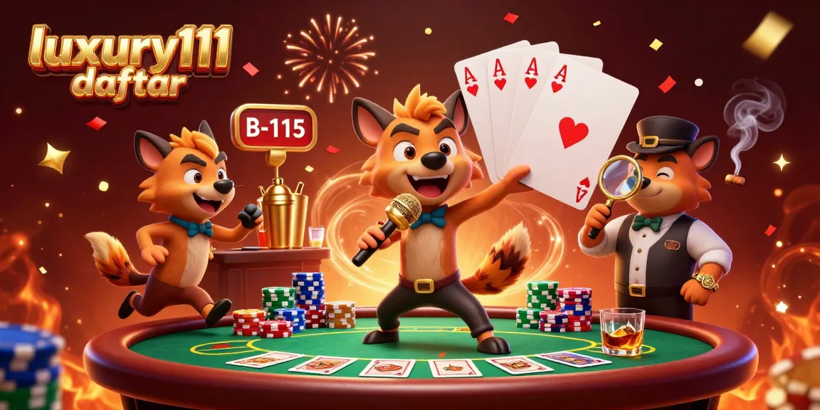 Experience luxury111 daftar in a vibrant casino scene with hyena characters showcasing gaming and entertainment.