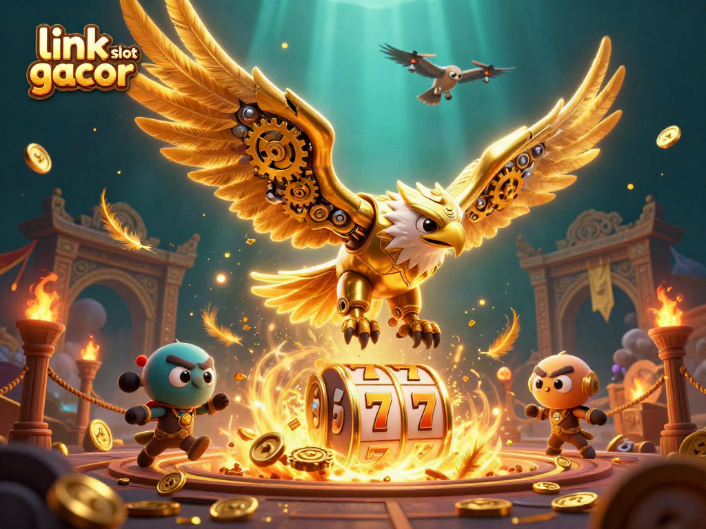 Engage with link slot gacor in a dynamic scene featuring a golden eagle and slot elements.