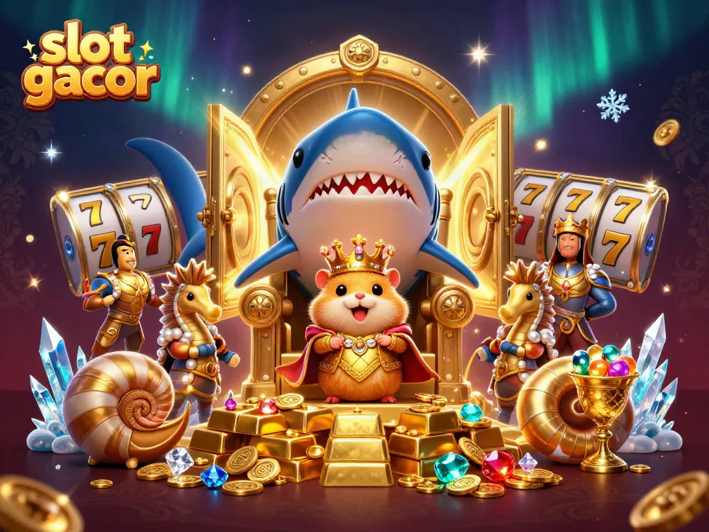 Experience the excitement of slot gacor with a whimsical scene featuring a tiny hamster king on a megalodon tooth throne surrounded by treasures.