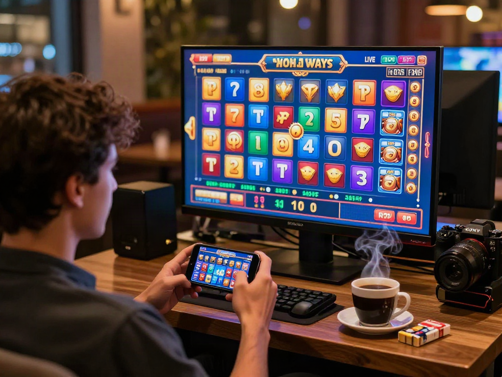 Incredible gaming experience at luxury12 with player winning on slots, coffee nearby and vibrant game graphics.
