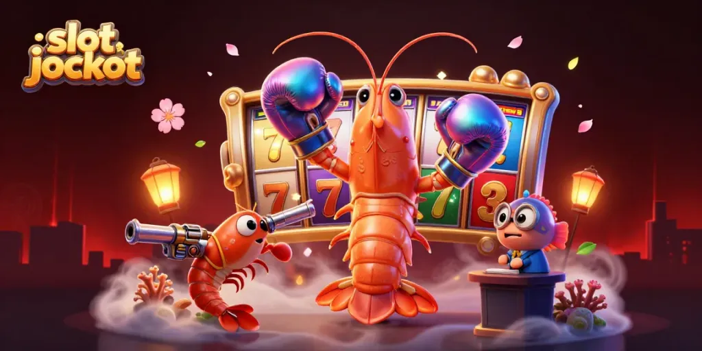 Engaging scene of 3D cartoon mantis shrimp celebrating a slot jackpot win amidst vibrant casino elements.
