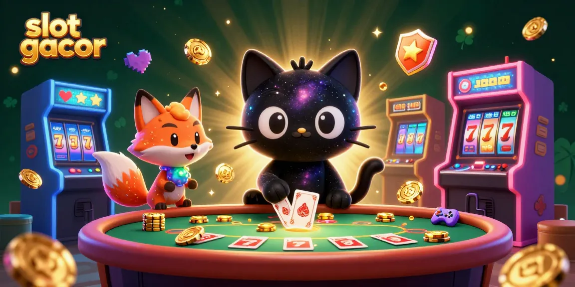 Experience the thrill of slot gacor with a playful black hole cat and colorful nebula fox in a cosmic casino.