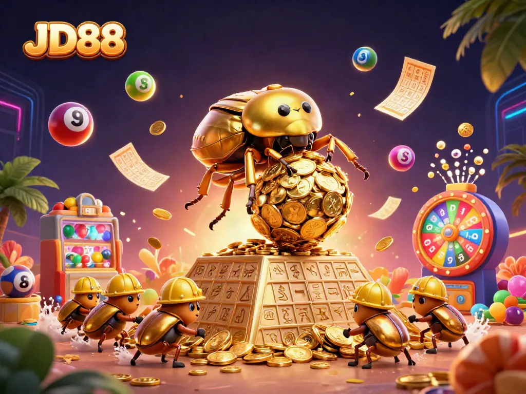 Experience the thrill of JD88 with colorful lottery elements and a golden beetle amidst casino symbols.