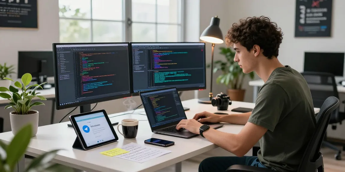 Developer coding Telegram app on laptop in a modern workspace, showcasing 纸飞机中文版 with vibrant screens and casual atmosphere.
