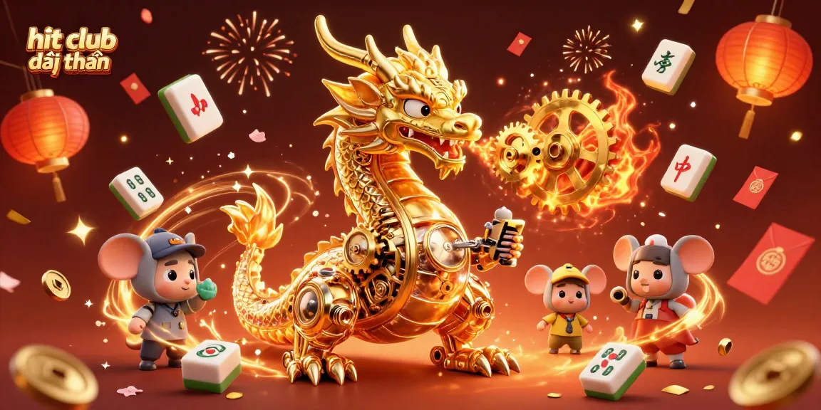 Experience "hit club đổi thưởng" with a golden dragon and vibrant gaming elements in this festive illustration.