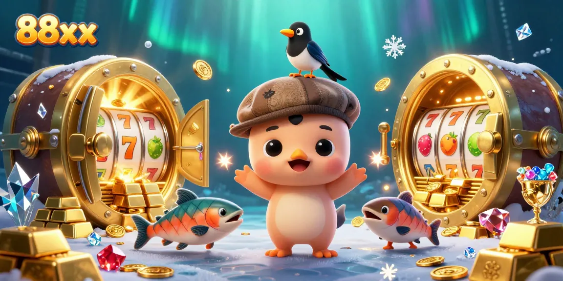 Spin to win with vibrant casino elements featuring 88xx, playful characters, and dazzling treasures.