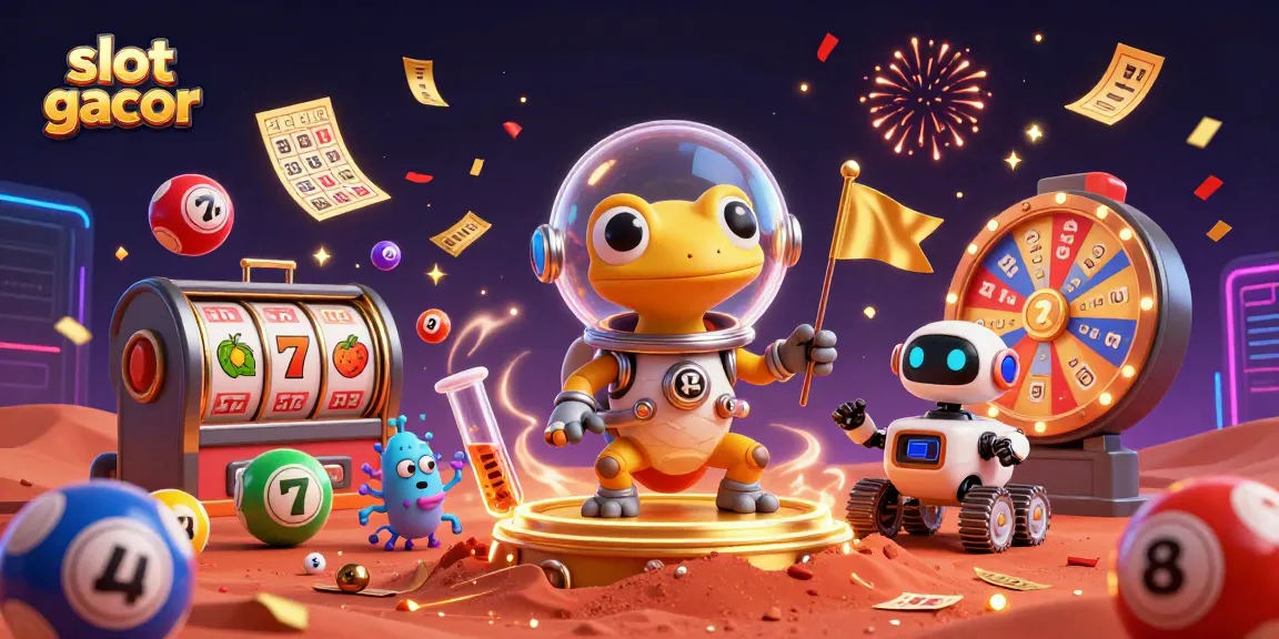 Engage in exciting slot gacor adventures with a Martian gecko and a robot in a vibrant casino scene.