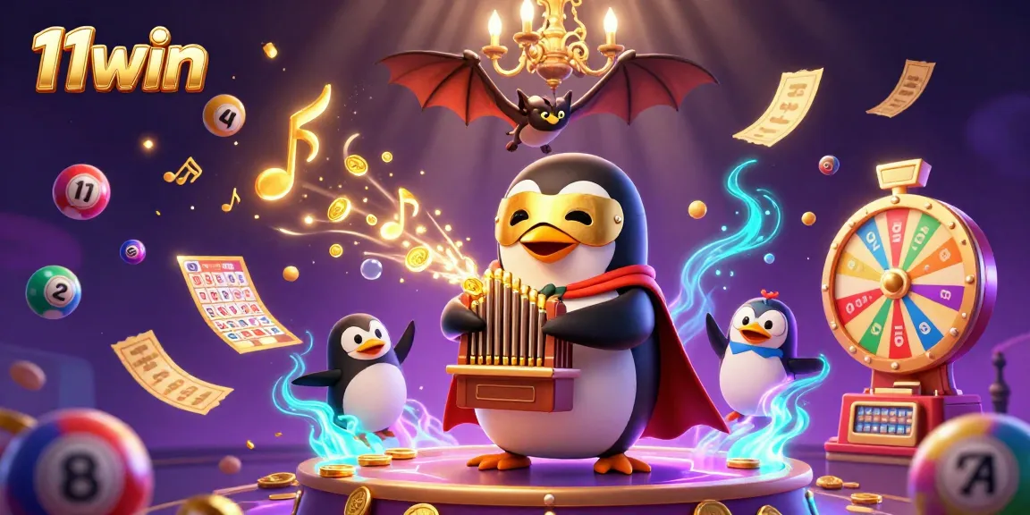 Experience 11win's vibrant gambling world as the cartoon penguin plays a golden organ amidst dynamic lottery elements.