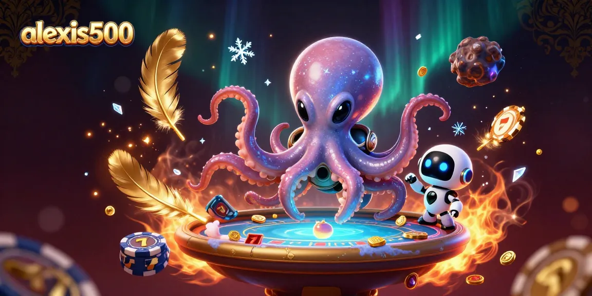 Experience the thrill of alexis500 with a vibrant 3D illustration of an alien octopus at a poker table.