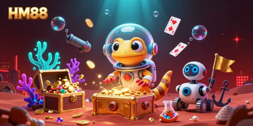 Experience the thrills of gaming at HM88 with a Martian gecko discovering a golden casino beneath Mars.