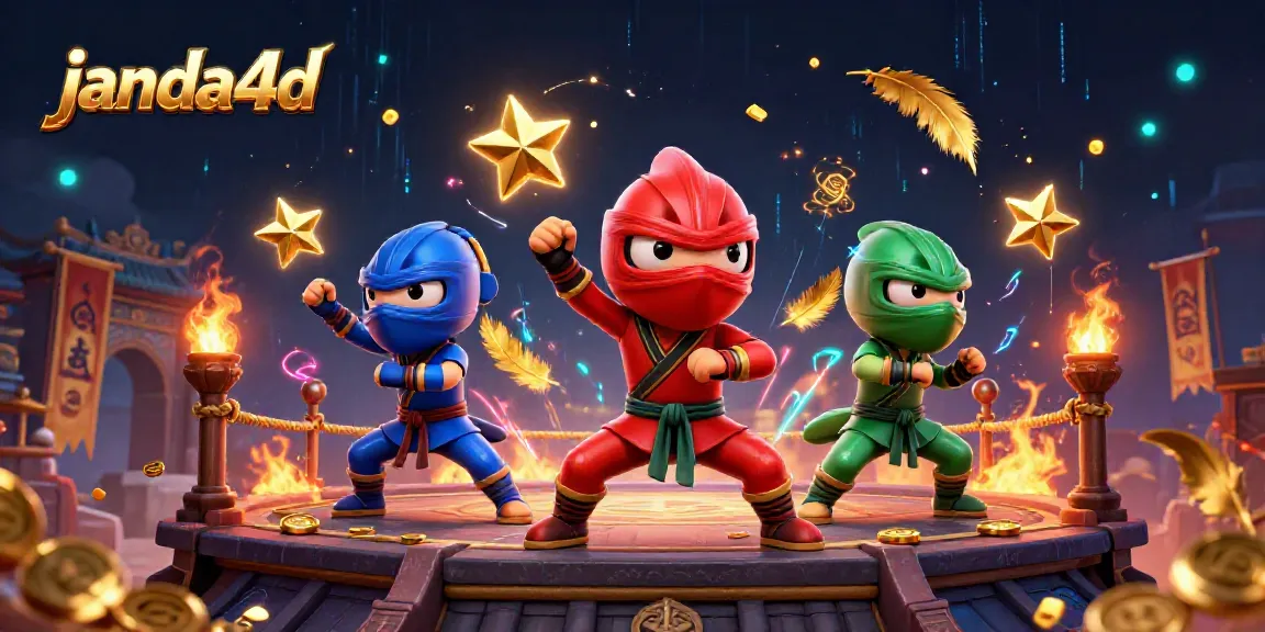 Menangkan jackpot dengan janda4d dalam ilustrasi penuh aksi karakter ninja chameleon berwarna.
