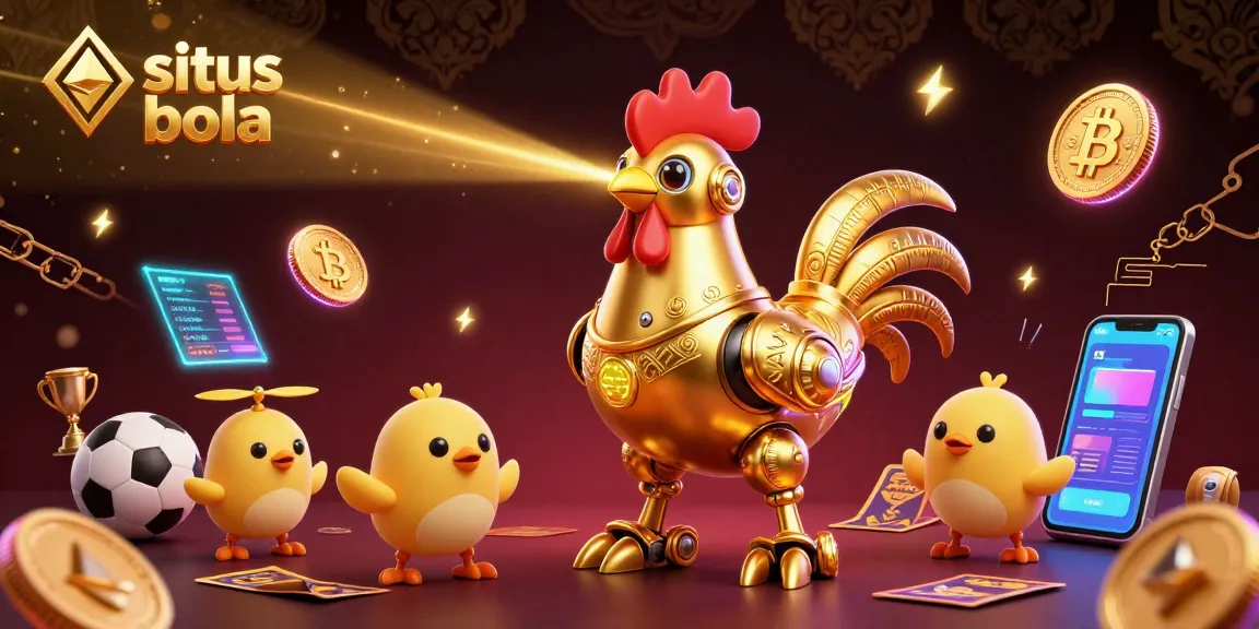 Experience exhilarating situs bola action with dynamic sports betting elements and a futuristic golden rooster robot.