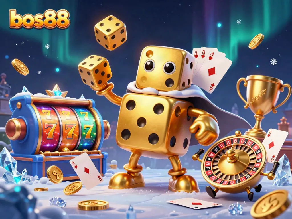 Menang di bos88 dengan simbol slot keberuntungan dan dadu emas yang menari.