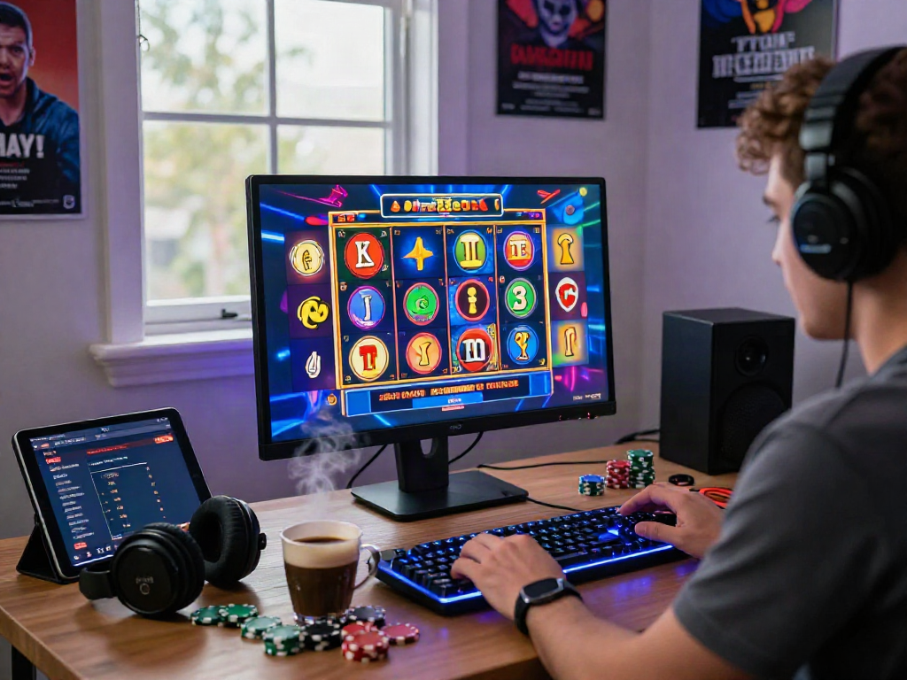 Engaged player enjoying bandar slot gacor in a lively home office gaming setup