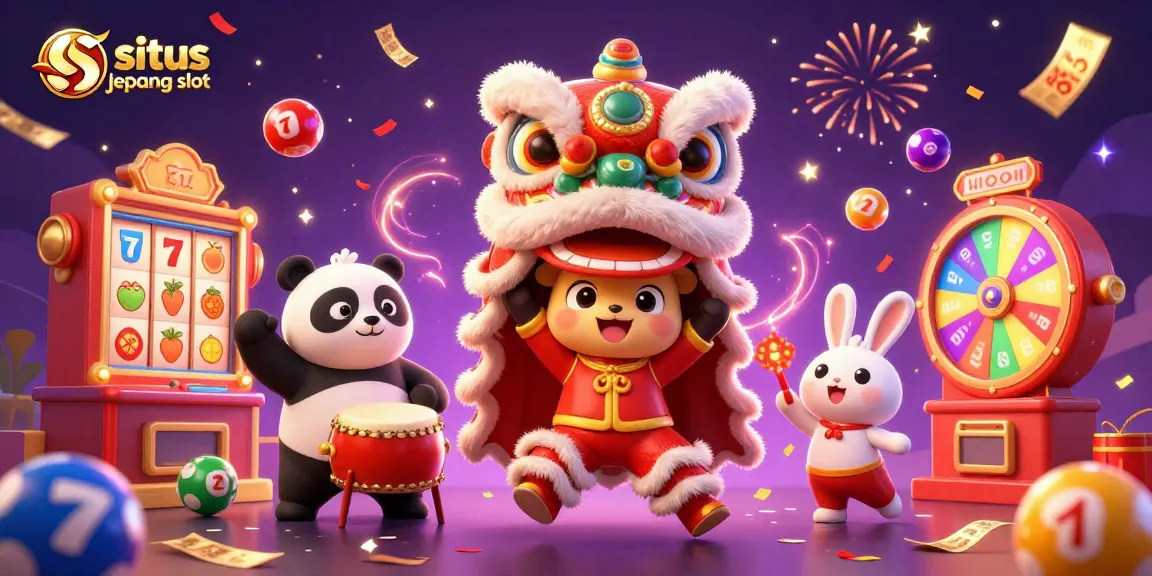 Experience the excitement of situs jepang slot with a lively festival scene featuring colorful slot elements and characters.