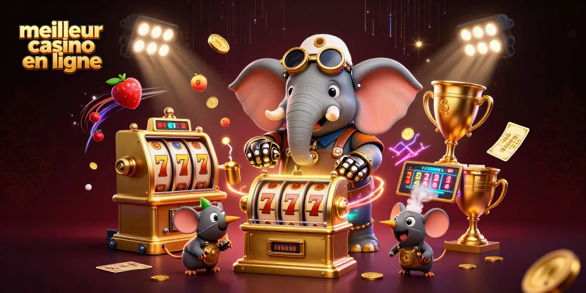 Illustration captivante avec "meilleur casino en ligne", un éléphant steampunk jouant aux machines à sous et gagnant des prix.