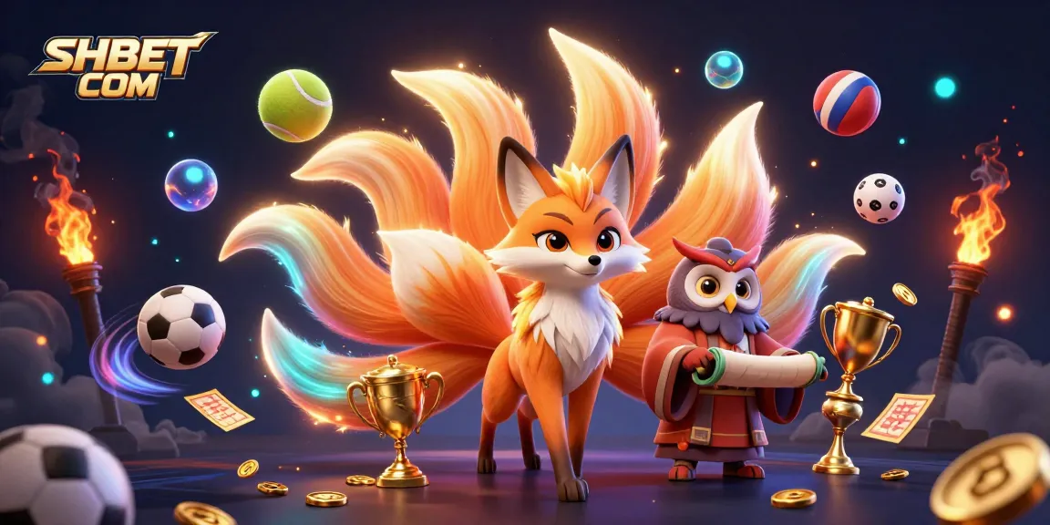 Experience epic gaming thrills with SHBET COM as the nine-tailed fox and wise owl enchant in a vibrant 3D scene.