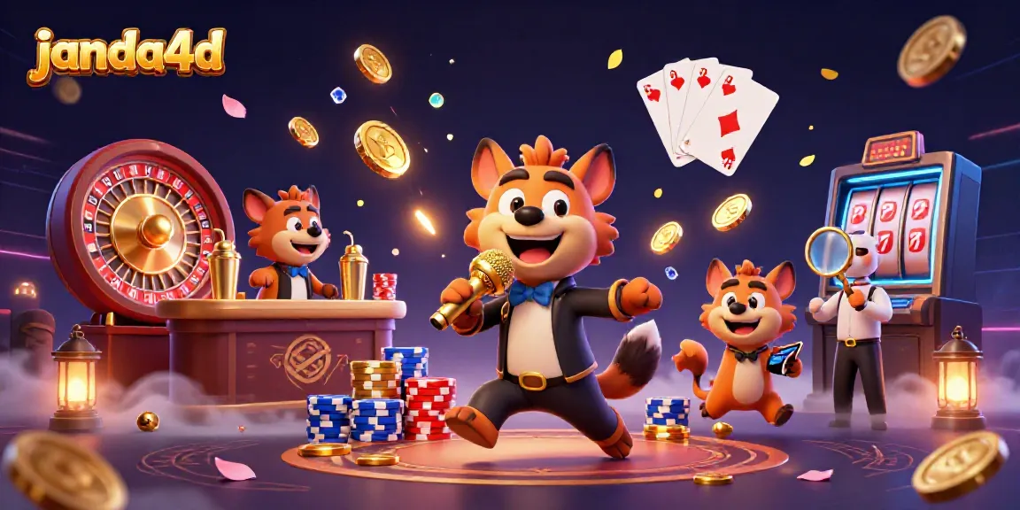 Permainan janda4d dengan hyena lucu di kasino, uang emas dan slot gacor mengelilingi mereka.