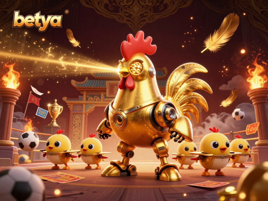 Engage with betya's exciting sports betting scene featuring a golden rooster robot and dynamic elements.