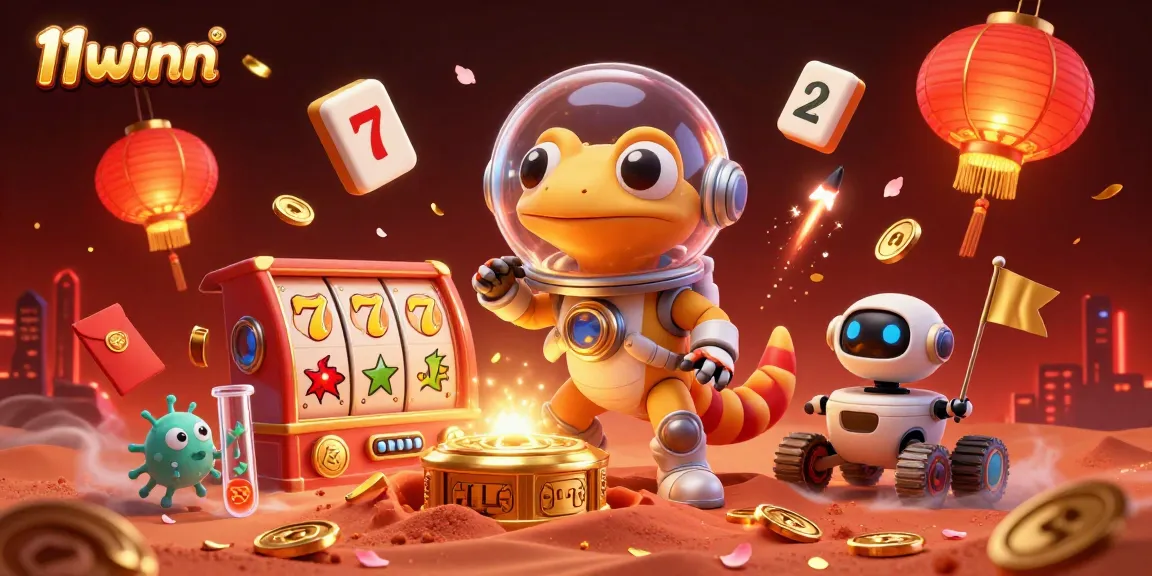 11winn Martian gecko uncovers a golden casino amidst vibrant symbols and celebrations
