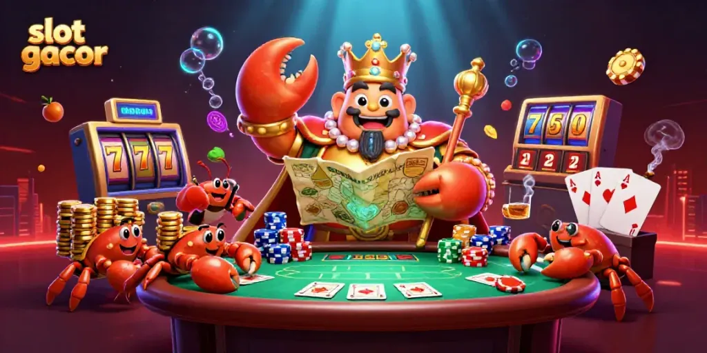 Experience the slot gacor excitement with a golden crab emperor in a vibrant casino setting.