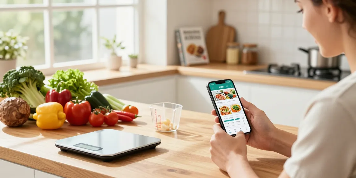 User logging food in best food tracking apps with fresh ingredients in a bright kitchen