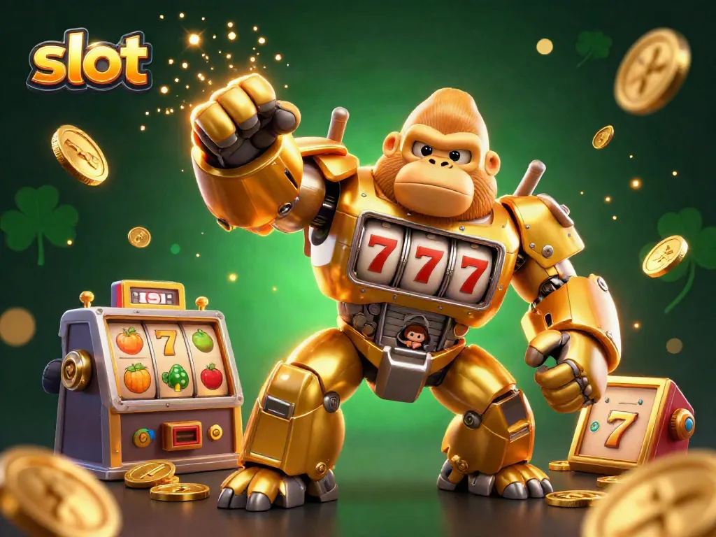 Bermain slot dengan gorila emas dan simbol jackpot dalam ilustrasi yang penuh warna.