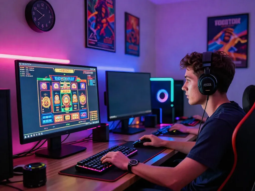 Player engaged in a rokok88 slot game in a vibrant gaming setup with colorful LED lights.