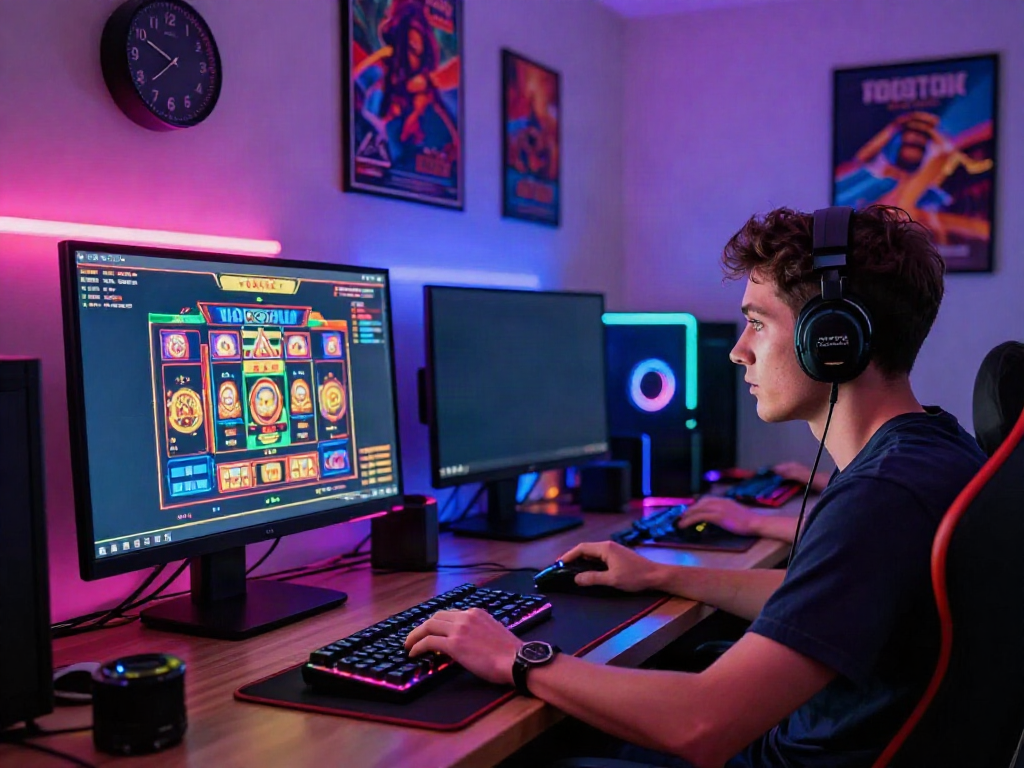 Player engaged in a rokok88 slot game in a vibrant gaming setup with colorful LED lights.