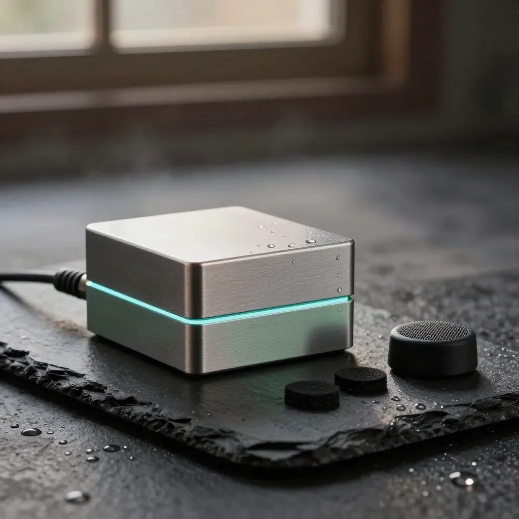 Edge AI box, microphone capsule, cable, and acoustic wedges on wet slate at dawn.
