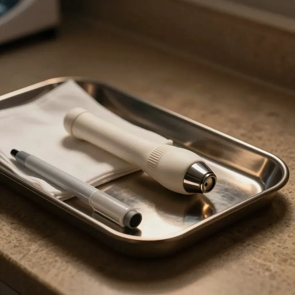 Ultrasound probe, steel tray, gauze and capped marker on warm stone with amber haze.