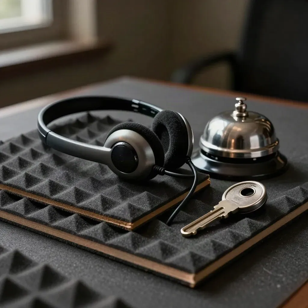 Headset, desk bell, foam tile and tally counter on charcoal felt in dramatic studio light.