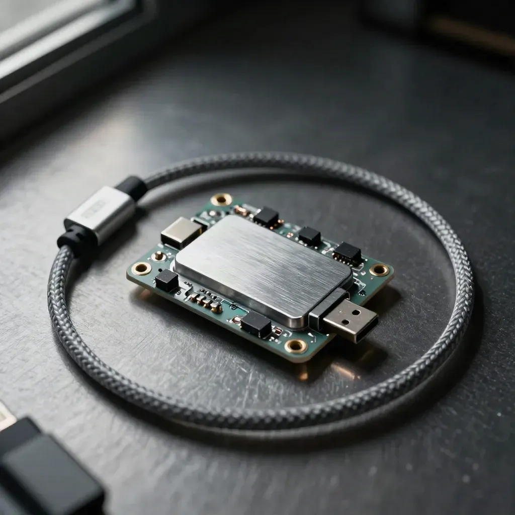 Macro still life of a dev board, braided cable, prototype shell and thumb drive on brushed steel.