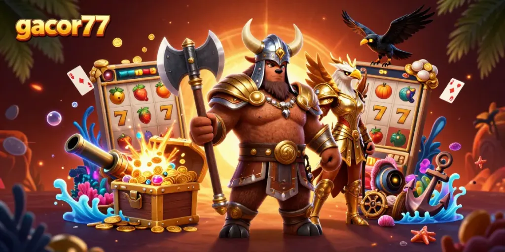 Menangkan permainan di gacor77 dengan Viking dan elang Valkyrie dalam suasana kasino yang memukau.