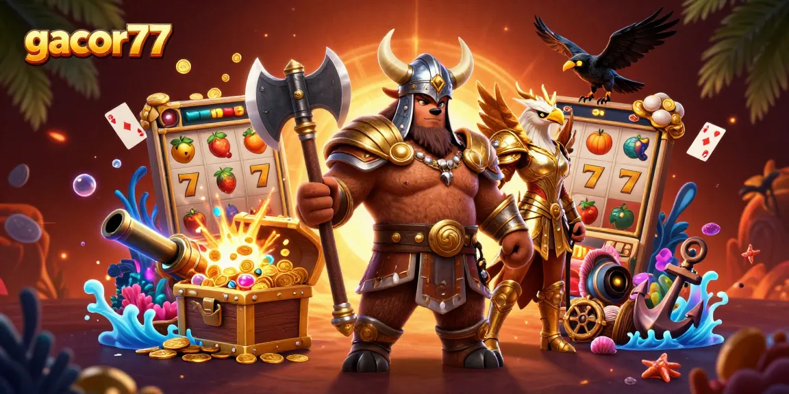 Menangkan permainan di gacor77 dengan Viking dan elang Valkyrie dalam suasana kasino yang memukau.