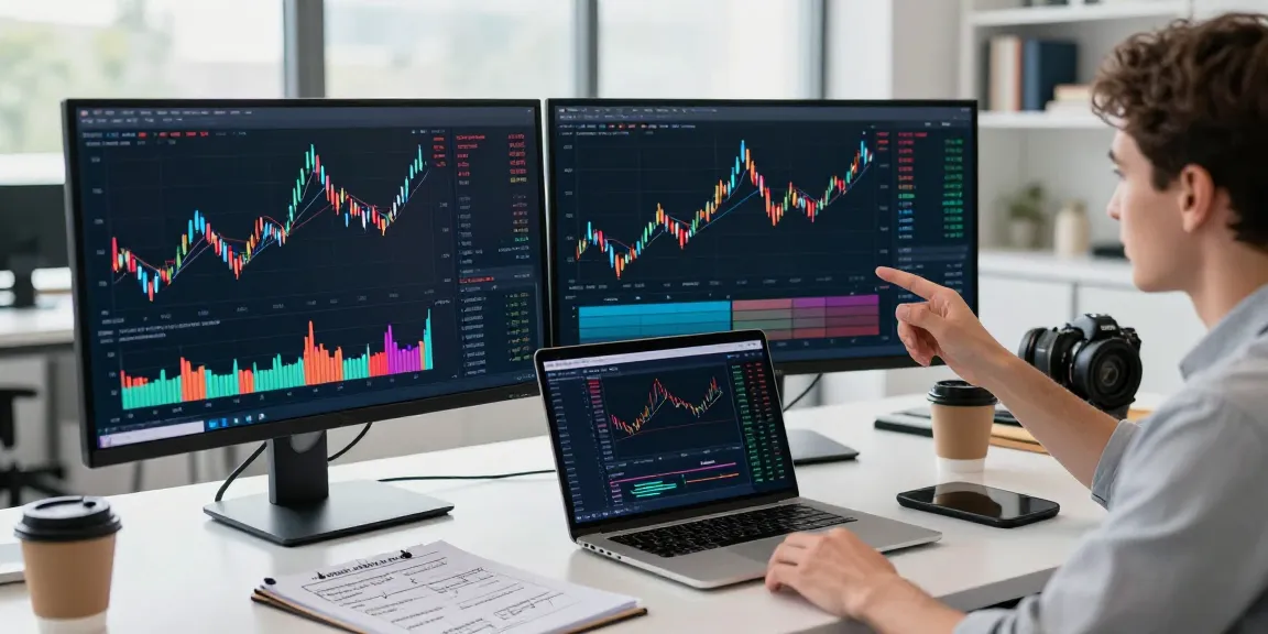 Trader analyzing TradingView charts in a modern office workspace, showcasing financial data and strategy notes.