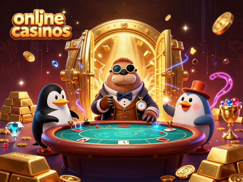 Engage in online casinos with jolly walrus, penguin dealer, and pufferfish in a vibrant scene.